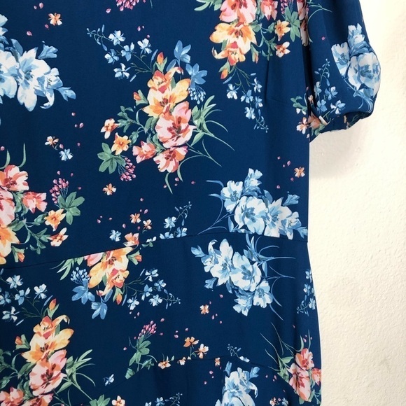 Loft Blue Floral Dress W Puffy Sleeves - Picture 4 of 9